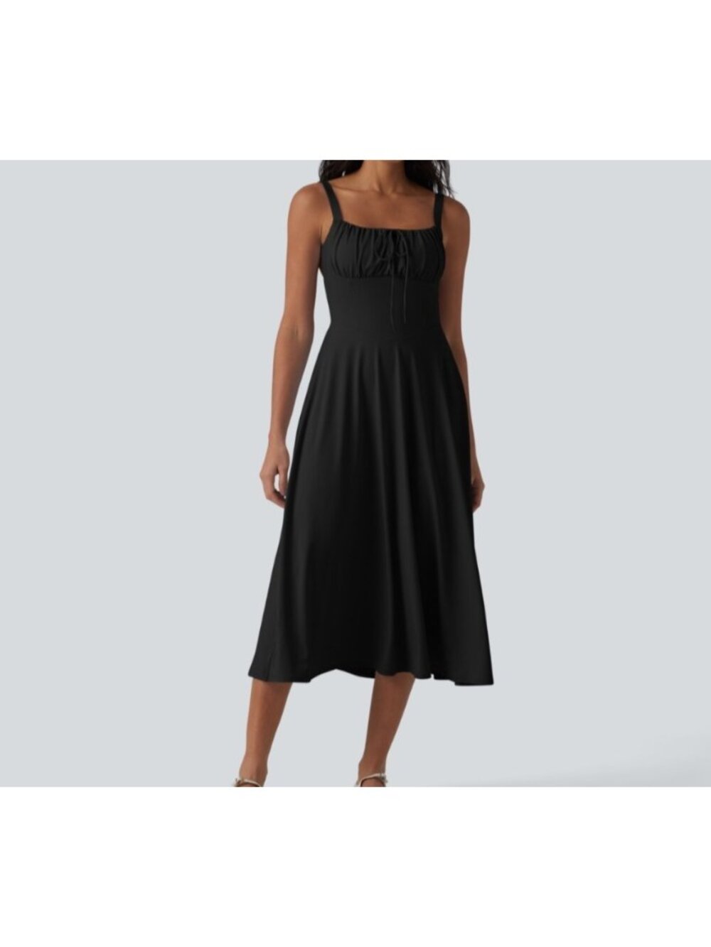 Halara Sz S Black Crisscross Backless Square Neck Sleeveless Ruched Midi Dress